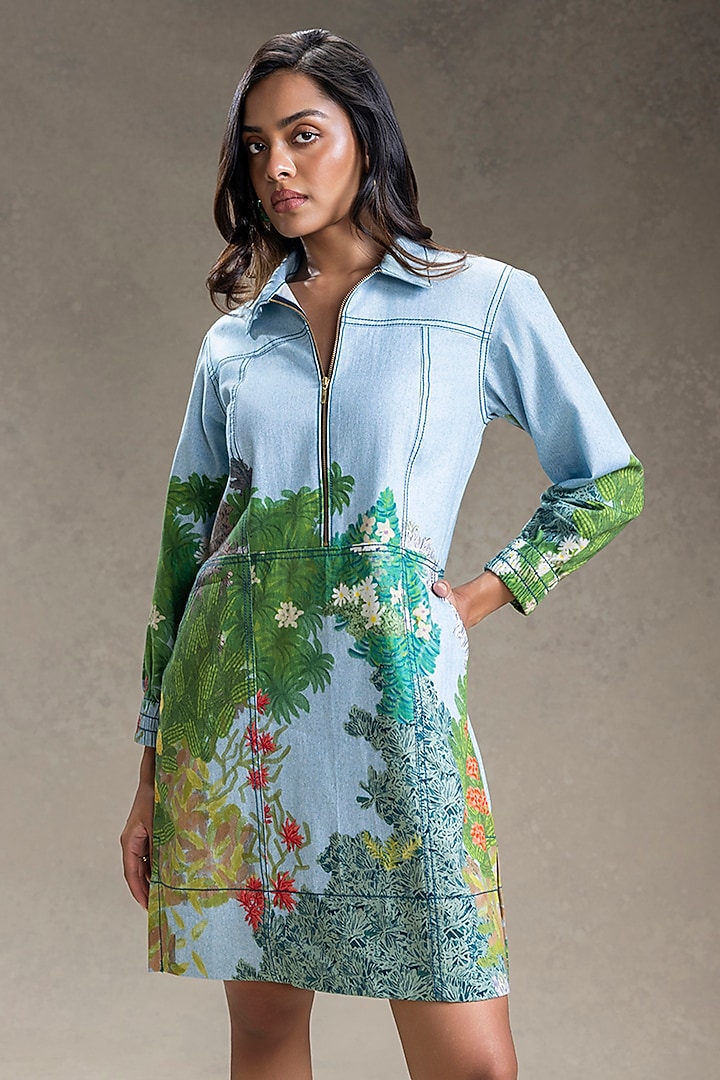 Blue Twill Cotton Printed Mini Summer Dress by Soup by Sougat Paul at Pernia's Pop Up Shop