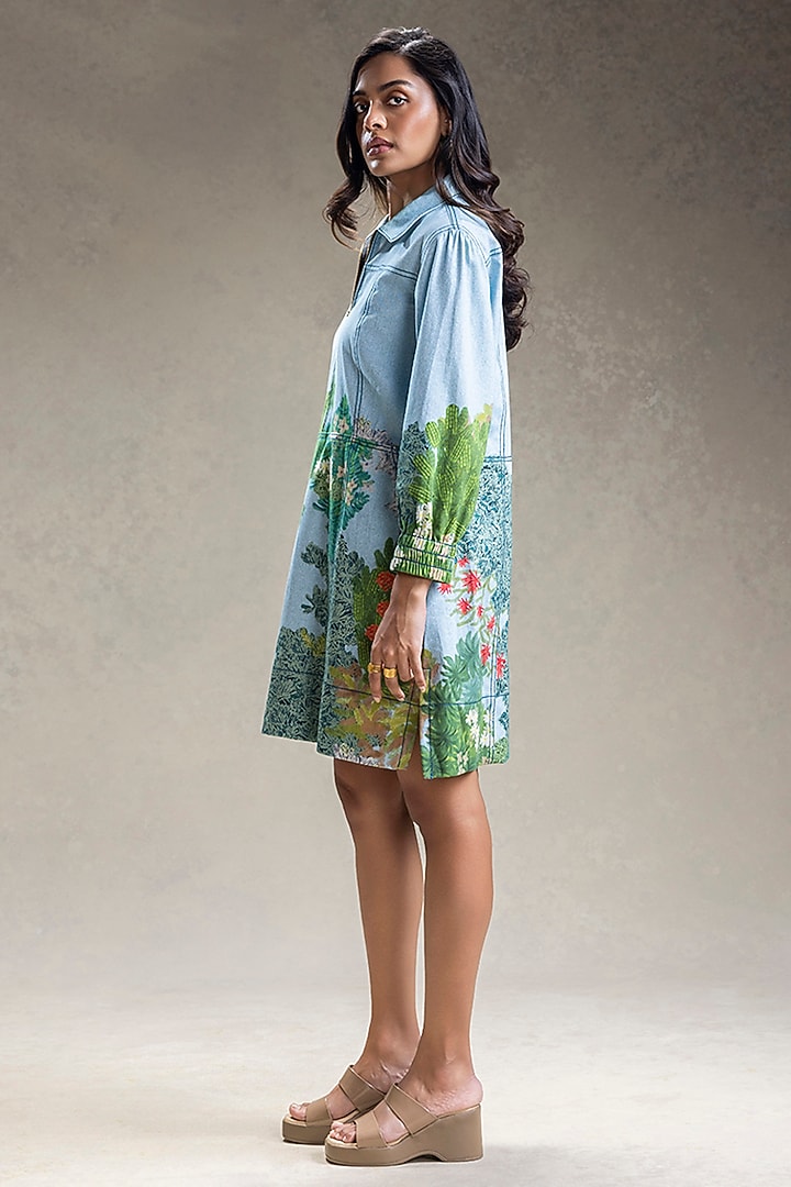 Blue Twill Cotton Printed Mini Summer Dress by Soup by Sougat Paul at Pernia's Pop Up Shop