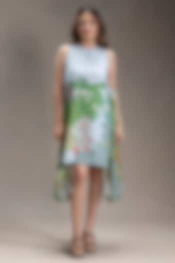 Blue Twill Cotton Printed Flared Paneled Summer Dress by Soup by Sougat Paul at Pernia's Pop Up Shop