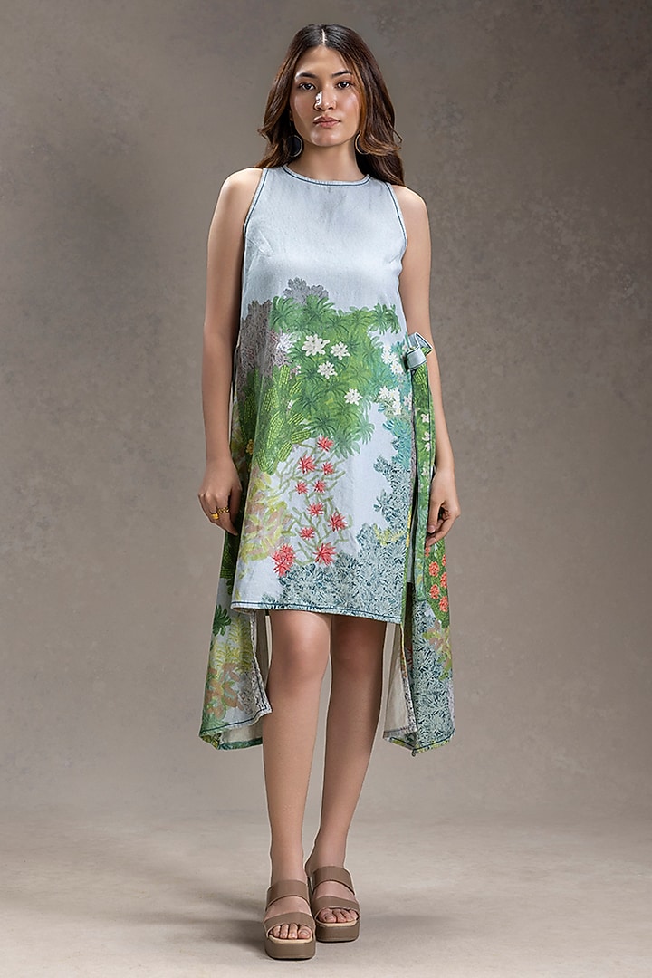 Blue Twill Cotton Printed Flared Paneled Summer Dress by Soup by Sougat Paul at Pernia's Pop Up Shop