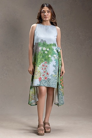 Blue Twill Cotton Printed Flared Paneled Dress by Soup by Sougat Paul