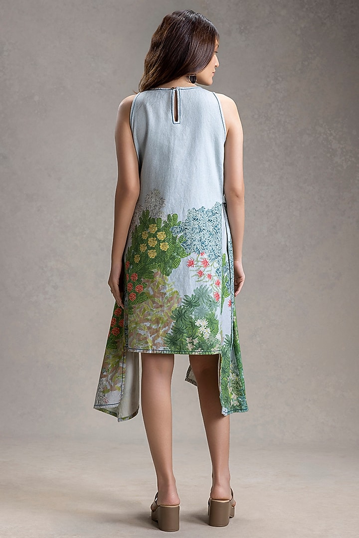 Blue Twill Cotton Printed Flared Paneled Summer Dress by Soup by Sougat Paul at Pernia's Pop Up Shop