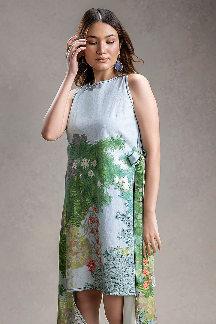 Blue Twill Cotton Printed Flared Paneled Summer Dress by Soup by Sougat Paul at Pernia's Pop Up Shop