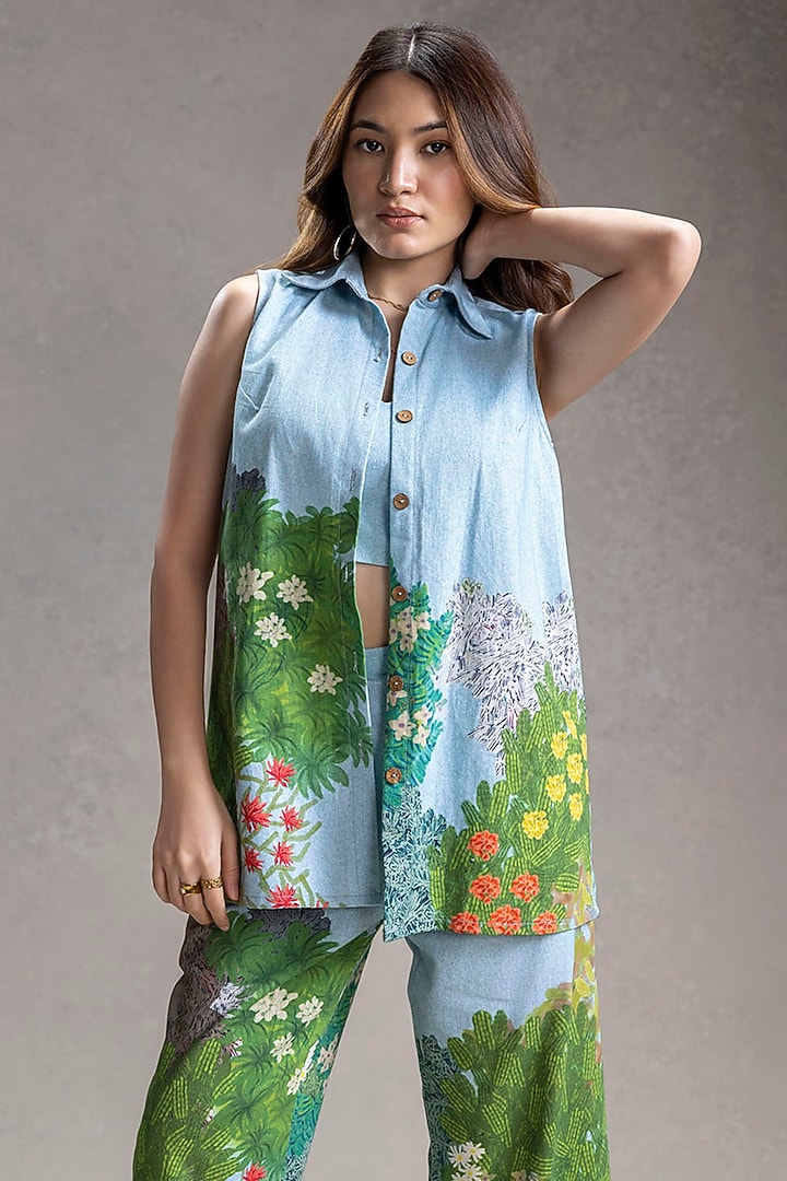 Blue Twill Cotton Printed Co-Ord Set by Soup by Sougat Paul at Pernia's Pop Up Shop