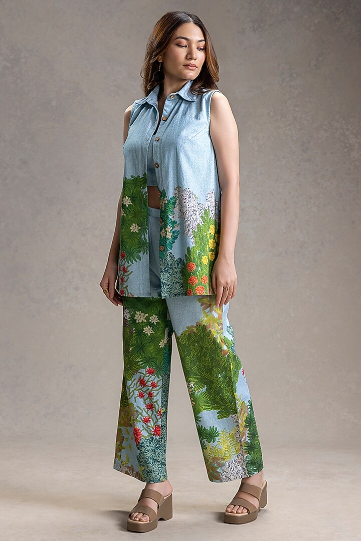 Blue Twill Cotton Printed Co-Ord Set by Soup by Sougat Paul at Pernia's Pop Up Shop