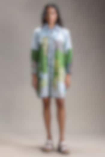 Blue Twill Cotton Printed Summer Shirt Dress by Soup by Sougat Paul at Pernia's Pop Up Shop
