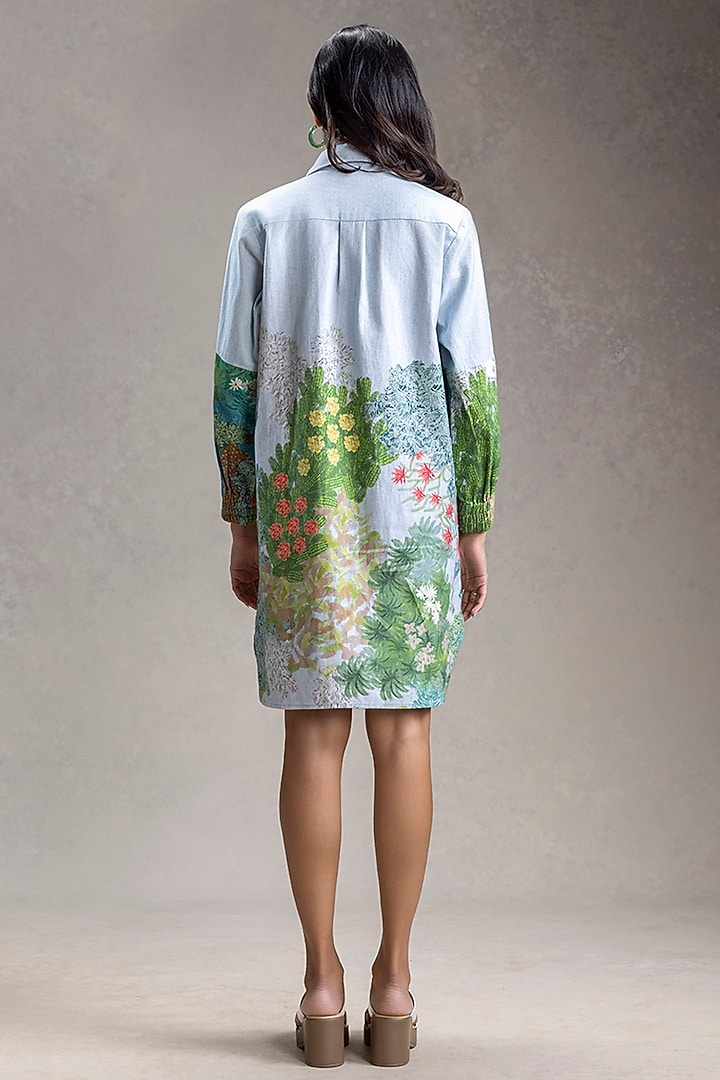 Blue Twill Cotton Printed Summer Shirt Dress by Soup by Sougat Paul at Pernia's Pop Up Shop