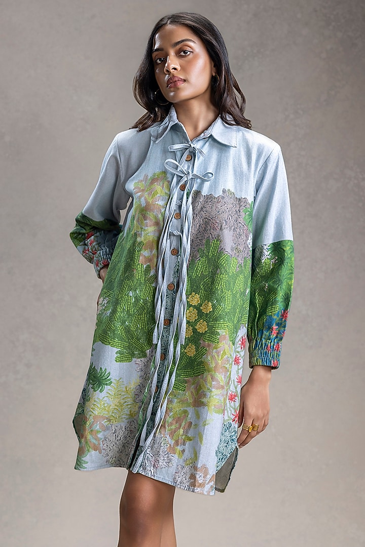 Blue Twill Cotton Printed Summer Shirt Dress by Soup by Sougat Paul at Pernia's Pop Up Shop