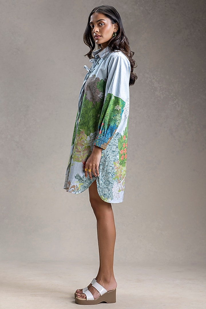 Blue Twill Cotton Printed Summer Shirt Dress by Soup by Sougat Paul at Pernia's Pop Up Shop