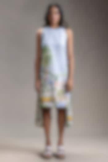 Blue Twill Cotton Printed Paneled Summer Dress by Soup by Sougat Paul at Pernia's Pop Up Shop