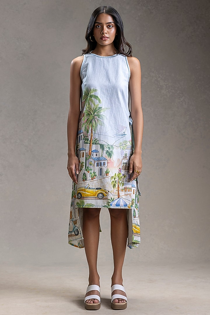 Blue Twill Cotton Printed Paneled Summer Dress by Soup by Sougat Paul at Pernia's Pop Up Shop