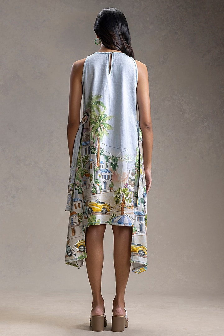 Blue Twill Cotton Printed Paneled Summer Dress by Soup by Sougat Paul at Pernia's Pop Up Shop