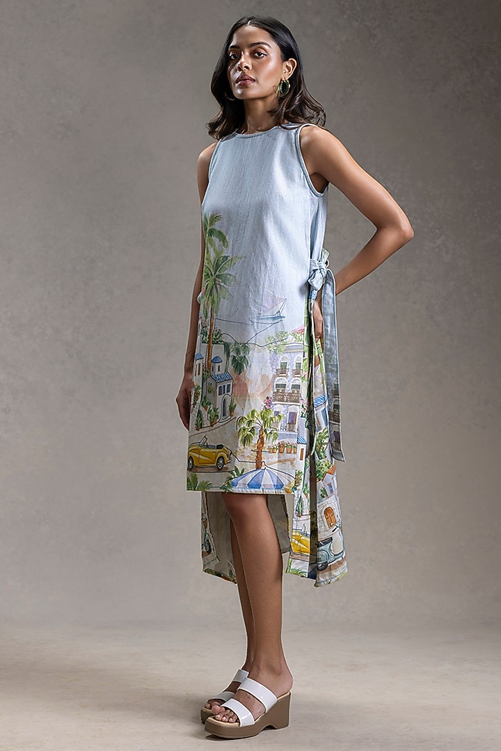 Blue Twill Cotton Printed Paneled Summer Dress by Soup by Sougat Paul at Pernia's Pop Up Shop