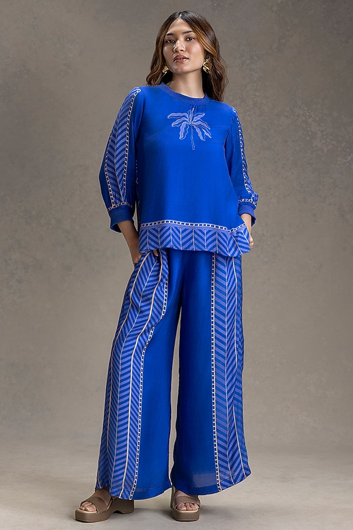 Electric Blue Cotton Silk Printed Co-Ord Set by Soup by Sougat Paul at Pernia's Pop Up Shop