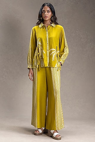 Mustard Linen Printed Co-Ord Set by Soup by Sougat Paul