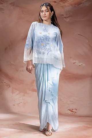 Powder Blue Handloom Net Color-Blocked Skirt Set by Soup by Sougat Paul