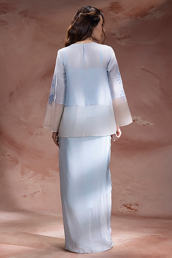 Powder Blue Handloom Net Color-Blocked Skirt Set by Soup by Sougat Paul at Pernia's Pop Up Shop