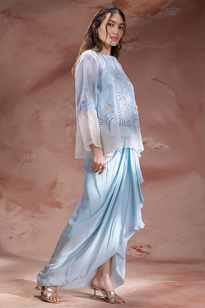 Powder Blue Handloom Net Color-Blocked Skirt Set by Soup by Sougat Paul at Pernia's Pop Up Shop