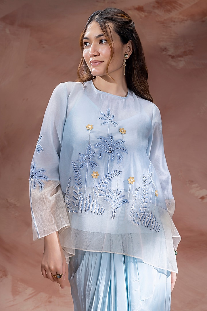 Powder Blue Handloom Net Color-Blocked Skirt Set by Soup by Sougat Paul at Pernia's Pop Up Shop