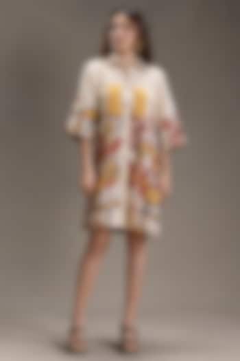 Beige Cotton Printed Summer Shirt Dress by Soup by Sougat Paul at Pernia's Pop Up Shop