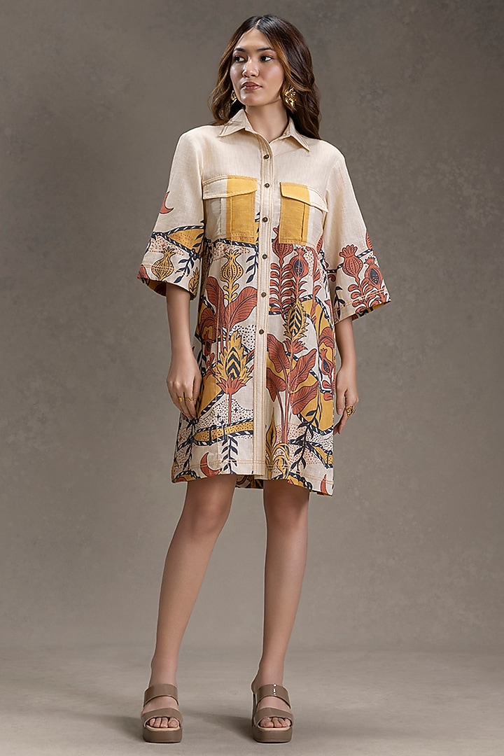 Beige Cotton Printed Summer Shirt Dress by Soup by Sougat Paul at Pernia's Pop Up Shop