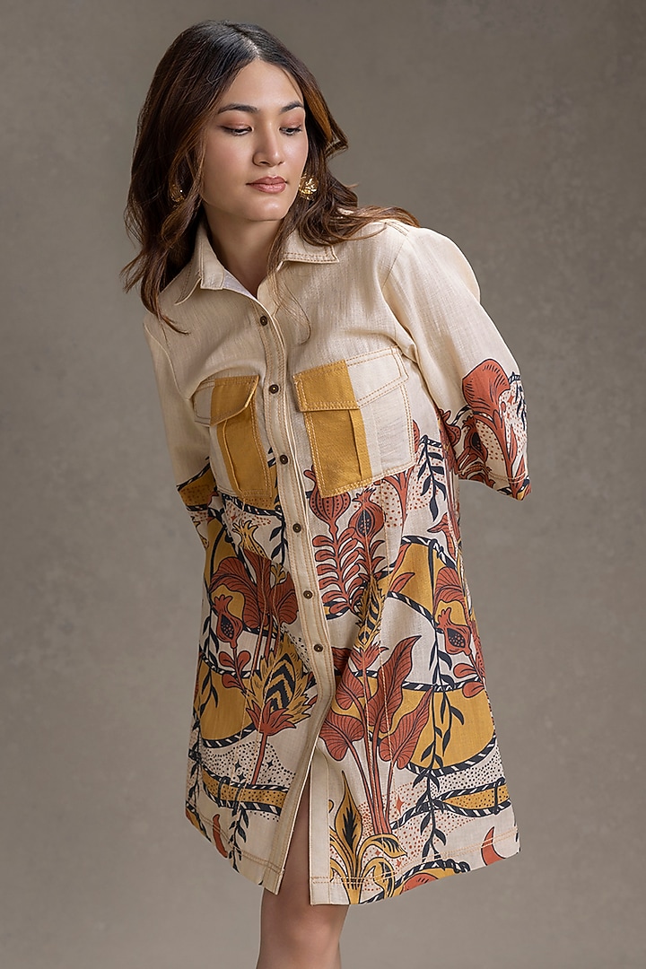 Beige Cotton Printed Summer Shirt Dress by Soup by Sougat Paul at Pernia's Pop Up Shop