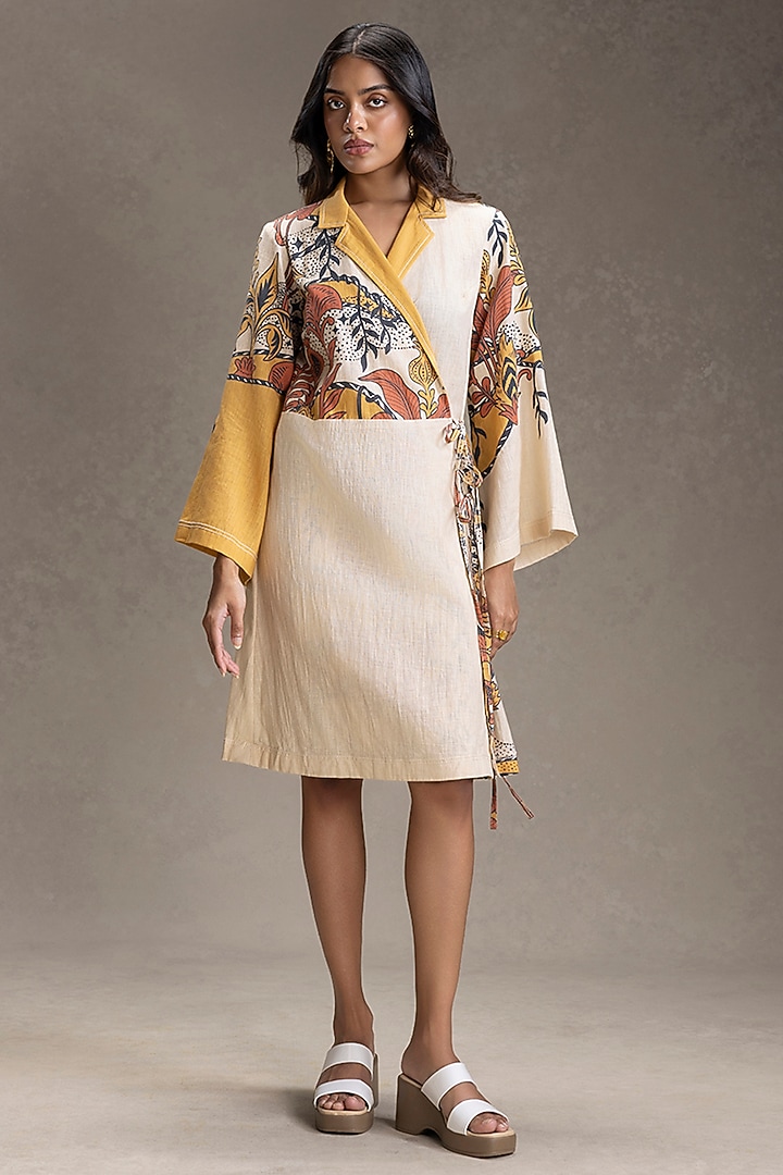 Beige Cotton Printed Overlapped Summer Dress by Soup by Sougat Paul at Pernia's Pop Up Shop