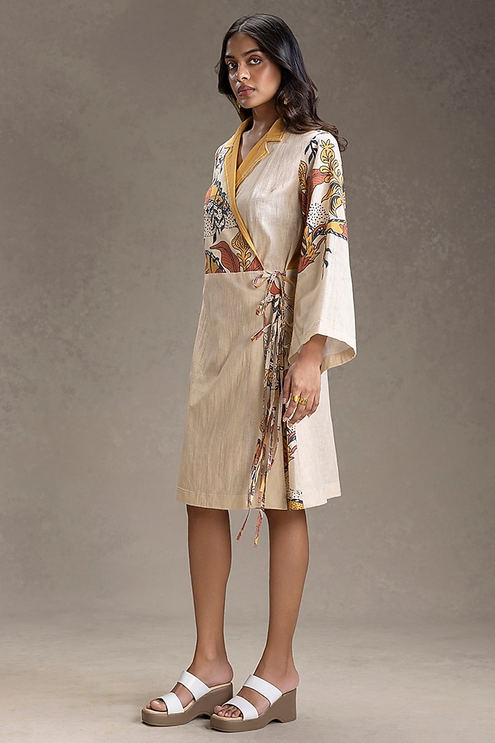 Beige Cotton Printed Overlapped Summer Dress by Soup by Sougat Paul at Pernia's Pop Up Shop