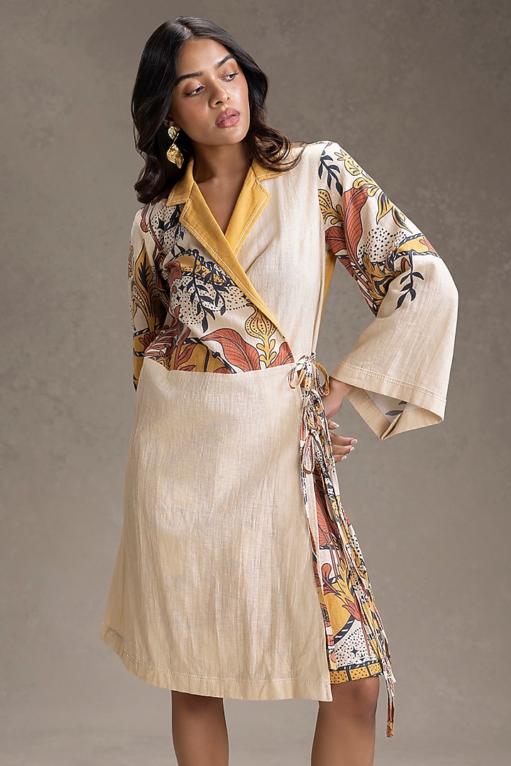 Beige Cotton Printed Overlapped Summer Dress by Soup by Sougat Paul at Pernia's Pop Up Shop