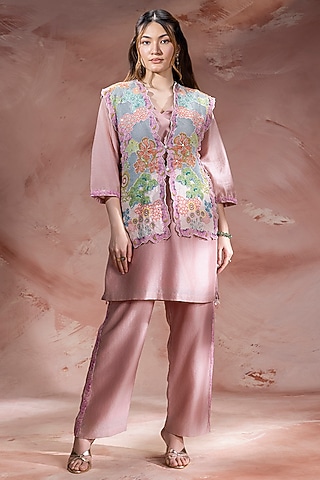 Dusky Pink Chanderi Applique Embroidered Jacket Set by Soup by Sougat Paul