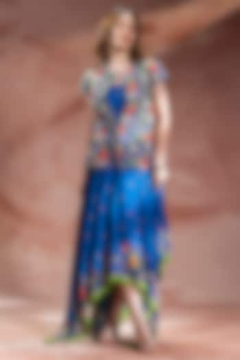 Teal Blue Chanderi Baghira Printed Handkerchief Jacket Vacation Dress by Soup by Sougat Paul at Pernia's Pop Up Shop