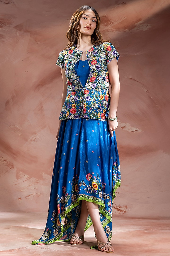 Teal Blue Chanderi Baghira Printed Handkerchief Jacket Vacation Dress by Soup by Sougat Paul at Pernia's Pop Up Shop