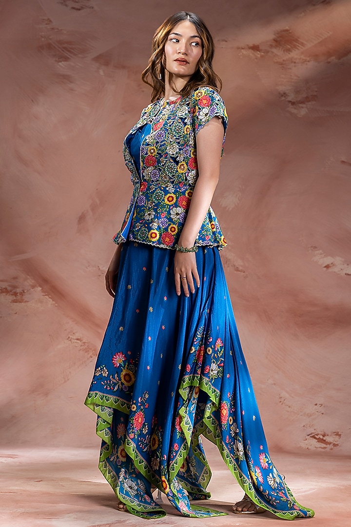 Teal Blue Chanderi Baghira Printed Handkerchief Jacket Vacation Dress by Soup by Sougat Paul at Pernia's Pop Up Shop