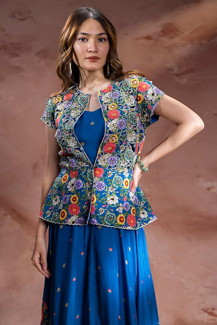 Teal Blue Chanderi Baghira Printed Handkerchief Jacket Vacation Dress by Soup by Sougat Paul at Pernia's Pop Up Shop