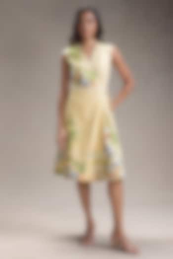 Yellow Cotton Twill Printed Overlapped Summer Dress by Soup by Sougat Paul at Pernia's Pop Up Shop