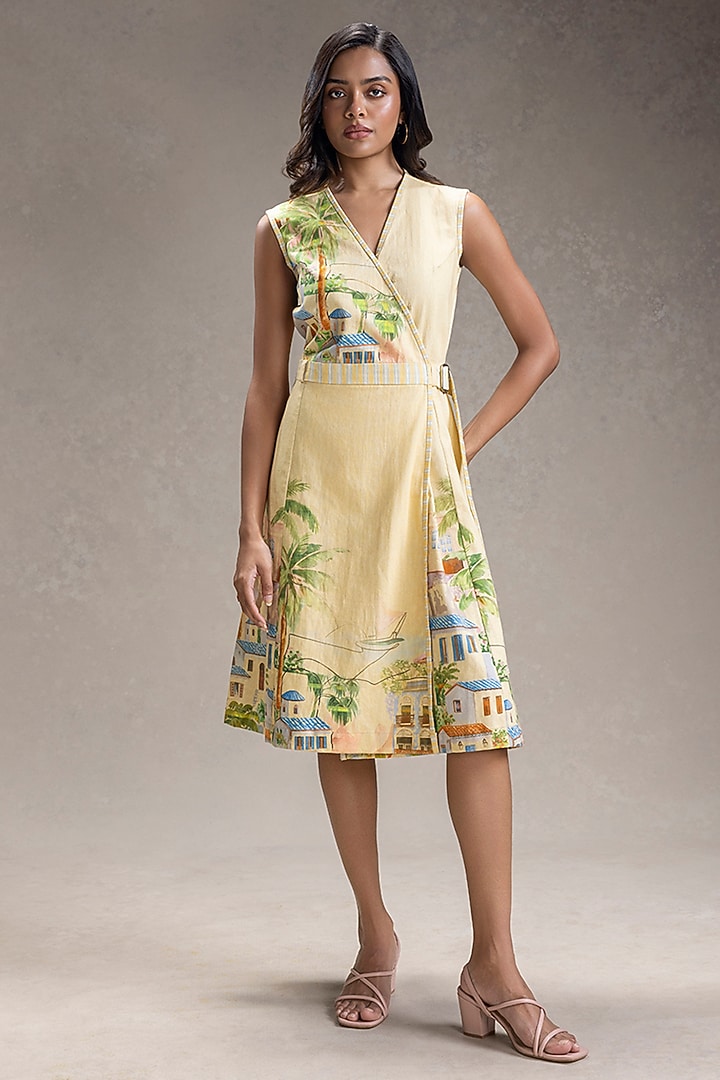 Yellow Cotton Twill Printed Overlapped Summer Dress by Soup by Sougat Paul at Pernia's Pop Up Shop
