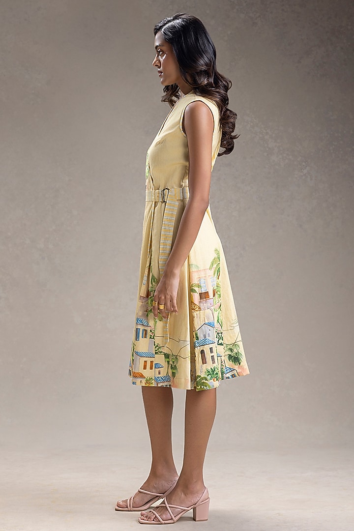 Yellow Cotton Twill Printed Overlapped Summer Dress by Soup by Sougat Paul at Pernia's Pop Up Shop
