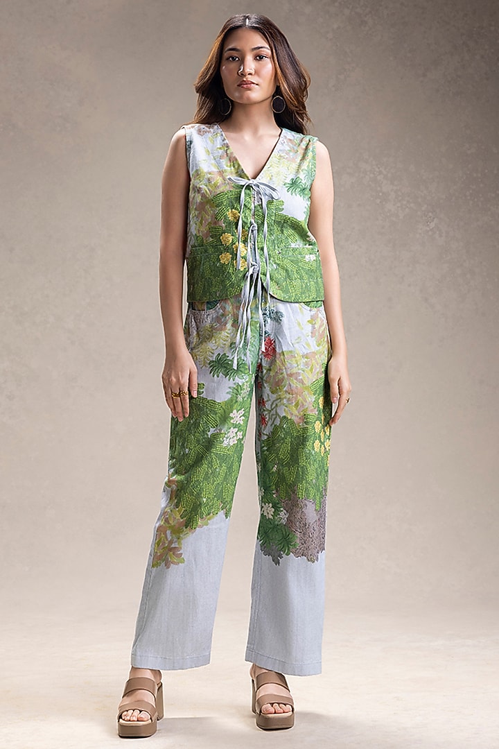 Blue Twill Cotton Embroidered Co-Ord Set by Soup by Sougat Paul at Pernia's Pop Up Shop