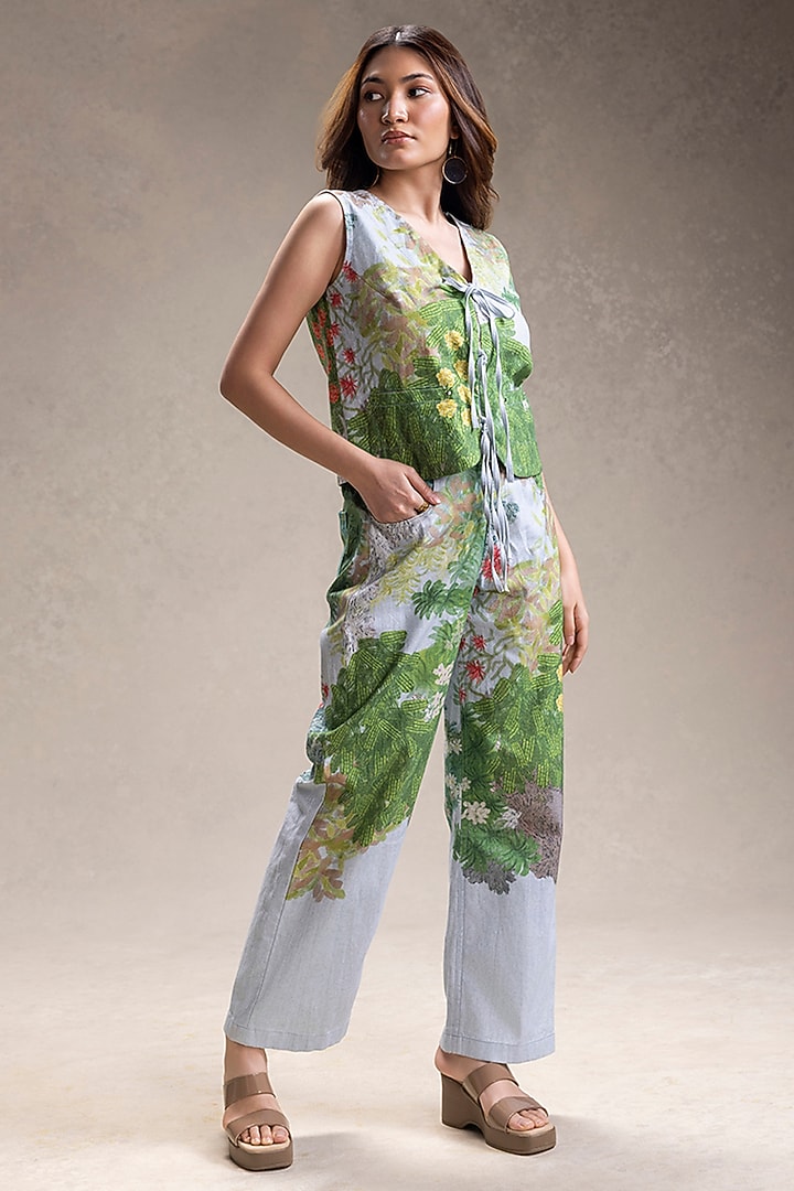 Blue Twill Cotton Embroidered Co-Ord Set by Soup by Sougat Paul at Pernia's Pop Up Shop