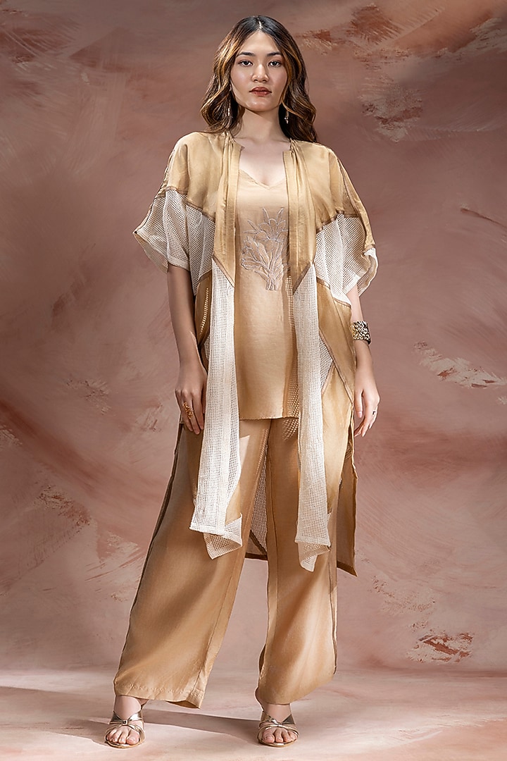 Beige Chanderi Applique Embroidered Co-Ord Set by Soup by Sougat Paul at Pernia's Pop Up Shop