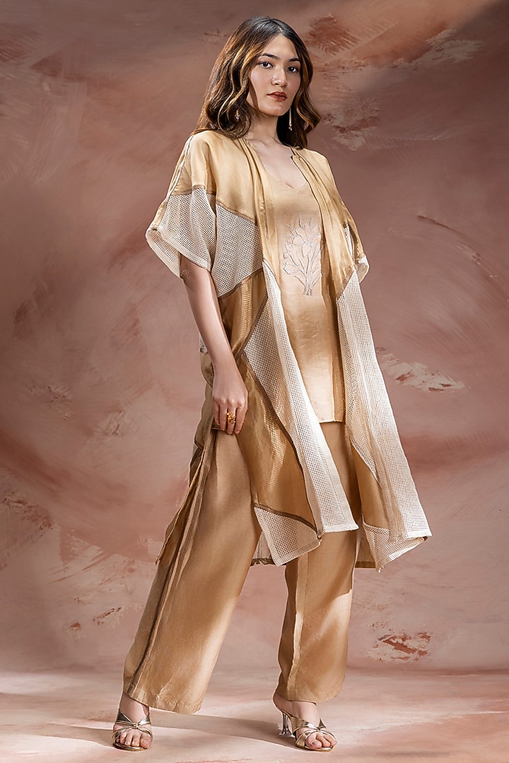 Beige Chanderi Applique Embroidered Co-Ord Set by Soup by Sougat Paul at Pernia's Pop Up Shop