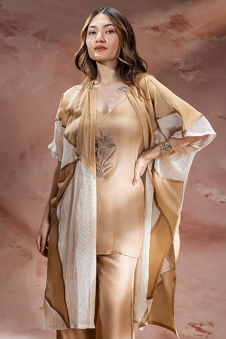 Beige Chanderi Applique Embroidered Co-Ord Set by Soup by Sougat Paul at Pernia's Pop Up Shop