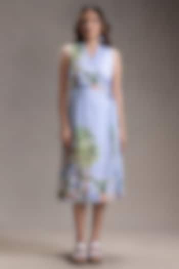 Blue Cotton Twill Printed Overlapped Summer Dress by Soup by Sougat Paul at Pernia's Pop Up Shop