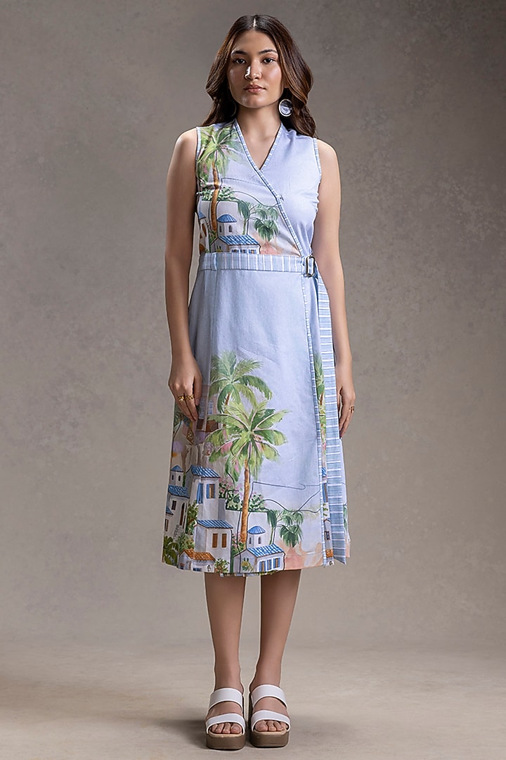 Blue Cotton Twill Printed Overlapped Summer Dress by Soup by Sougat Paul at Pernia's Pop Up Shop