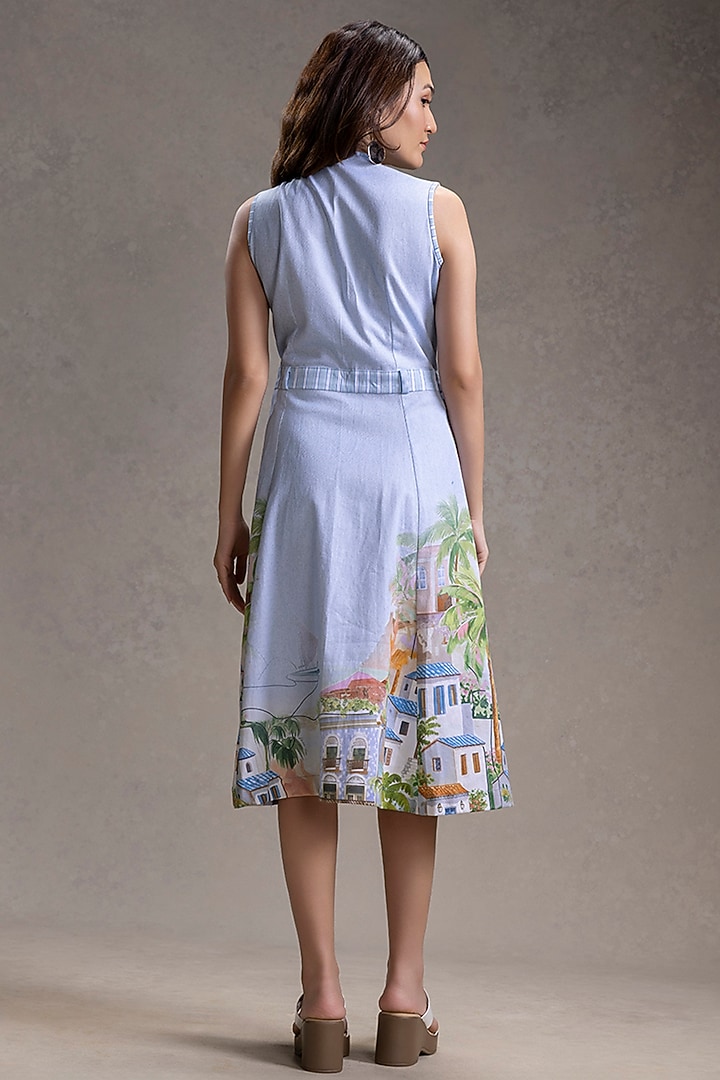 Blue Cotton Twill Printed Overlapped Summer Dress by Soup by Sougat Paul at Pernia's Pop Up Shop