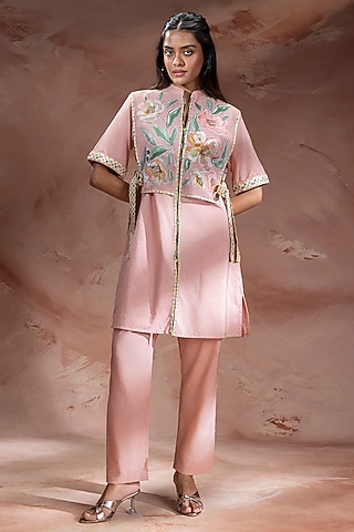 Dusky Pink Handloom Net Embroidered Kurta Set by Soup by Sougat Paul