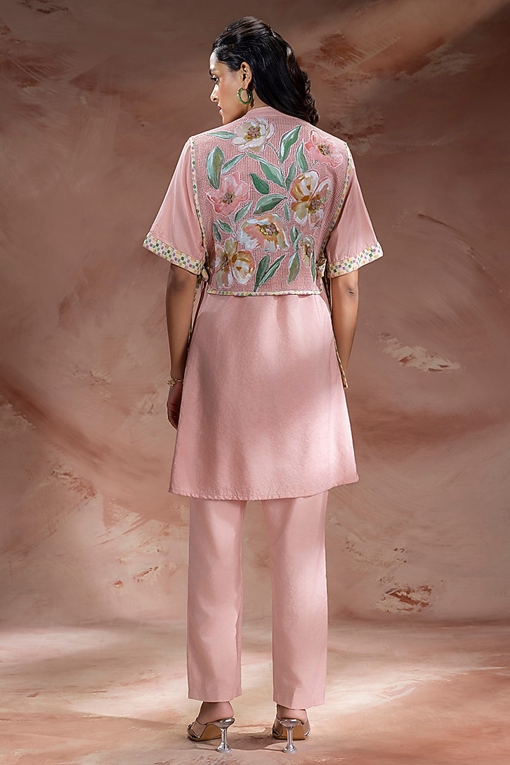 Dusky Pink Handloom Net Embroidered Kurta Set by Soup by Sougat Paul at Pernia's Pop Up Shop