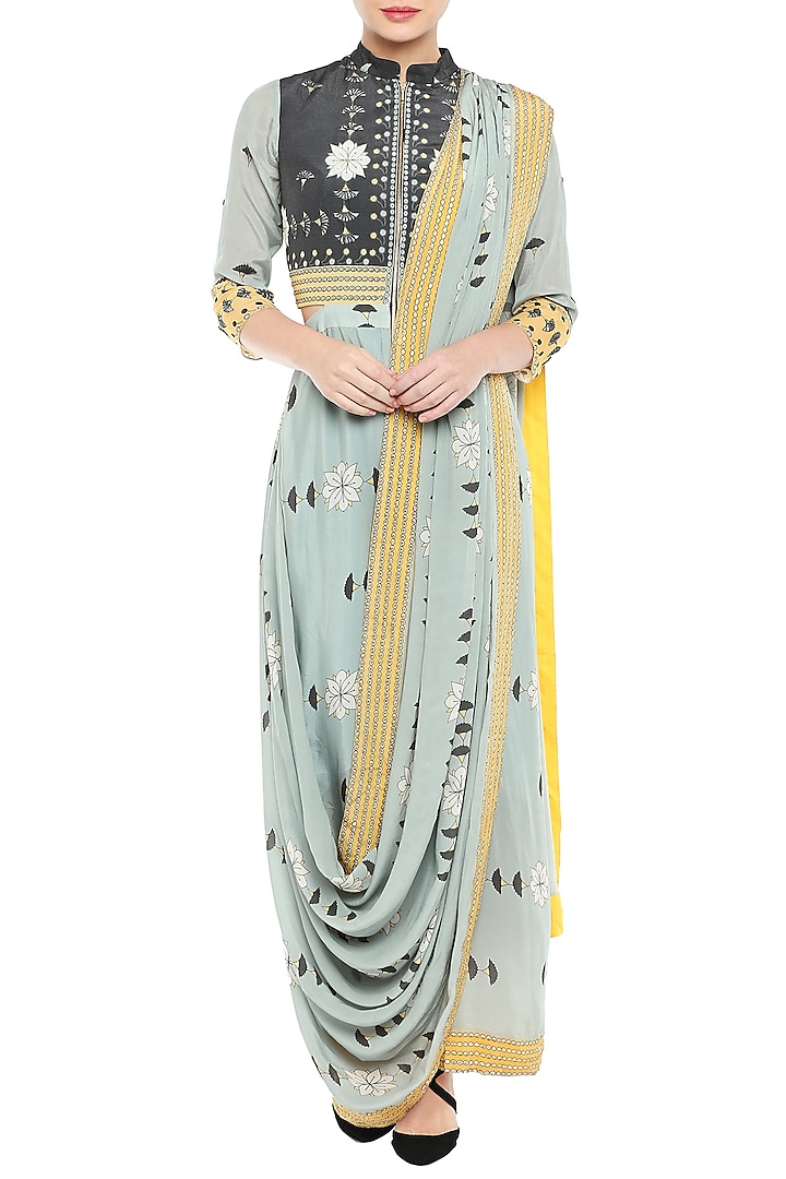 Multi-Colored Crepe Printed & Sequins Embroidered Draped Saree  by Soup by Sougat Paul