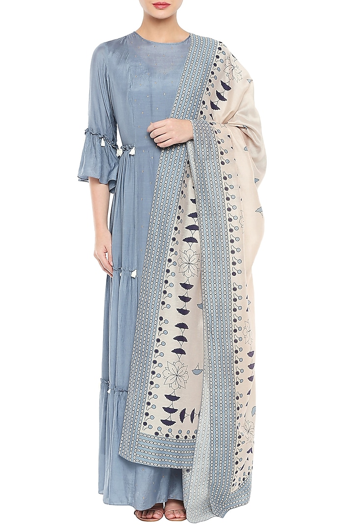 Blue Maxi Dress With Beige Printed Dupatta by Soup by Sougat Paul