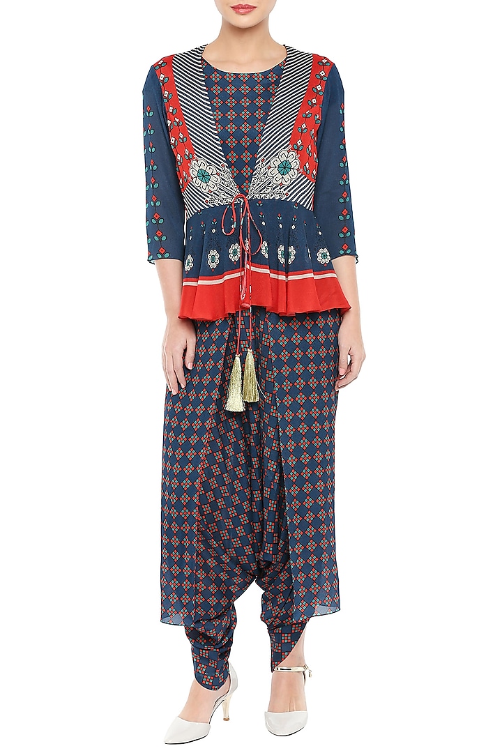 Red & Navy Blue Peplum Jacket With Printed Jumpsuit by Soup by Sougat Paul